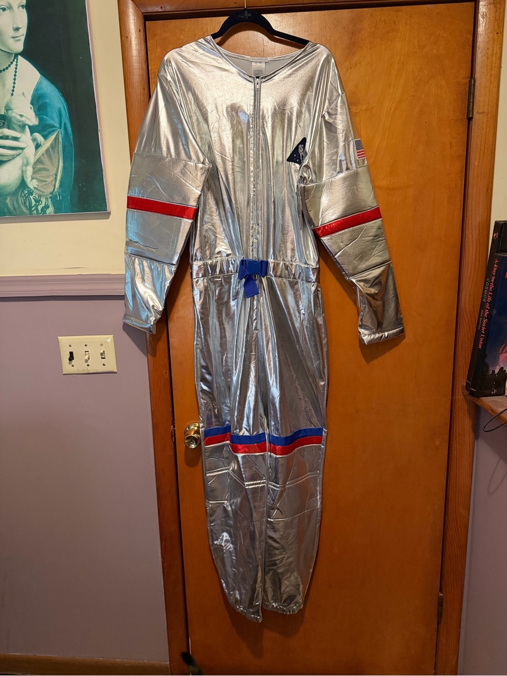 Pottery Barn Kids Adult Silver Astronaut Costume with Red & Blue Accents